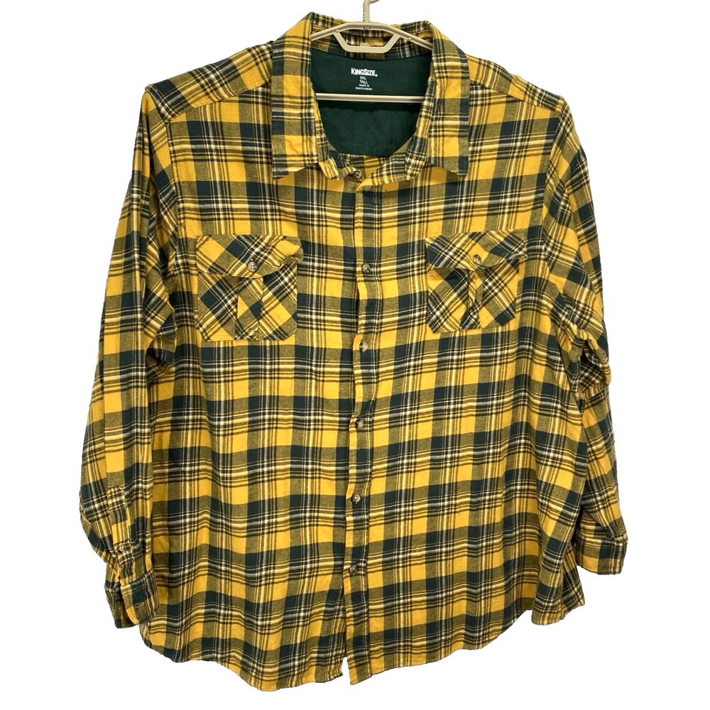King Size Shirt Men's 5XL Tall Green Yellow Plaid Flannel Button Hiking Camping